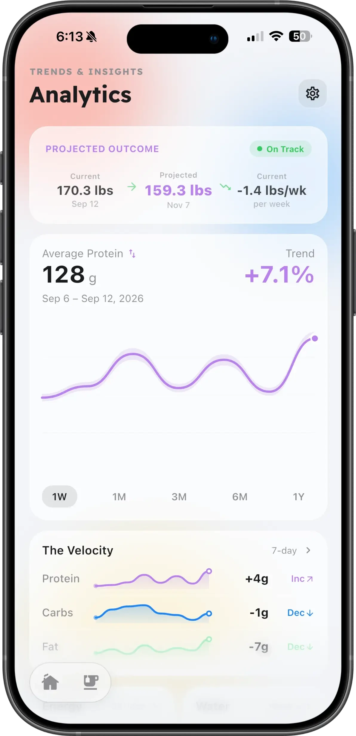Wellew app analytics page showing charts for macronutrient tracking and progress