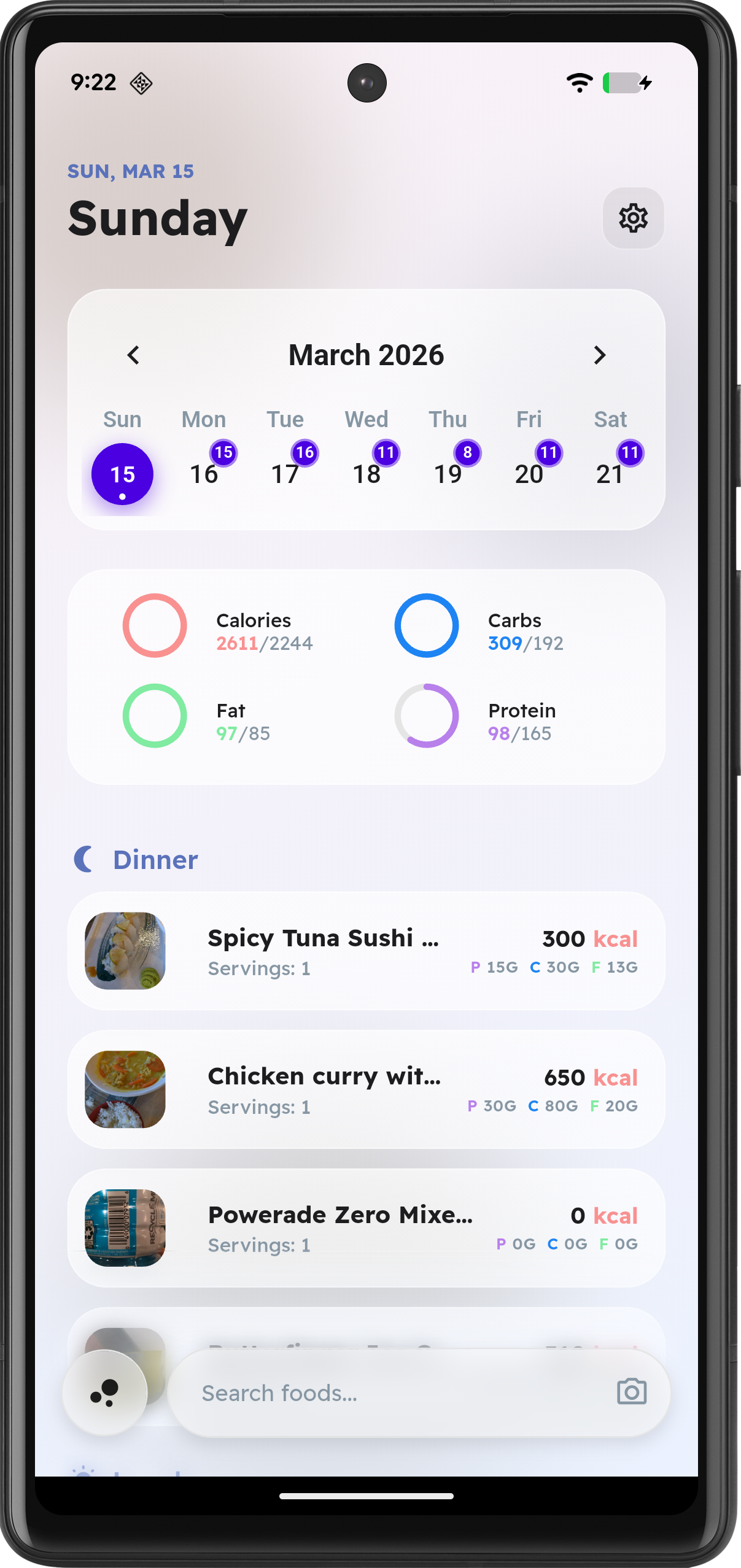 Wellew app dashboard for logging meals, workouts, and health metrics