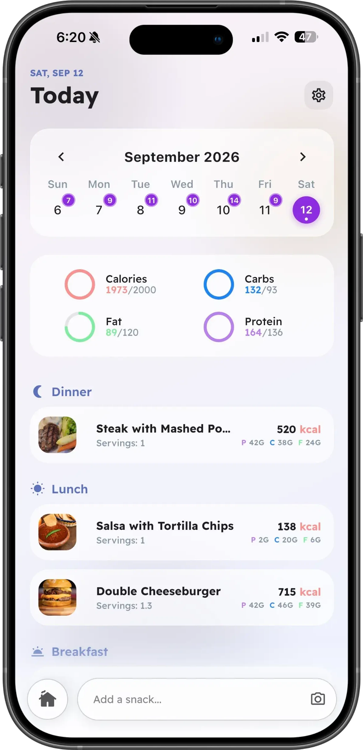 Wellew app today dashboard showing daily calories, water, and macros